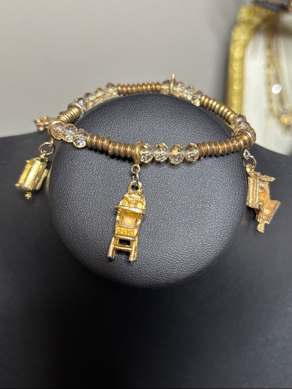 Vintage Stretch Gold Tone Beaded Charm High Chair Skates Typewriter Bird House